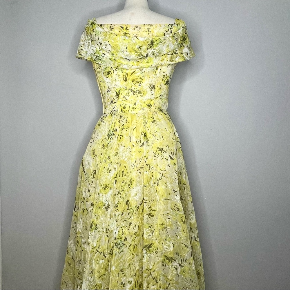 EMMA DOMB Vintage 1950’s Floral Print Off Shoulder Chiffon Gown Maxi Dress - Picture 5 of 11